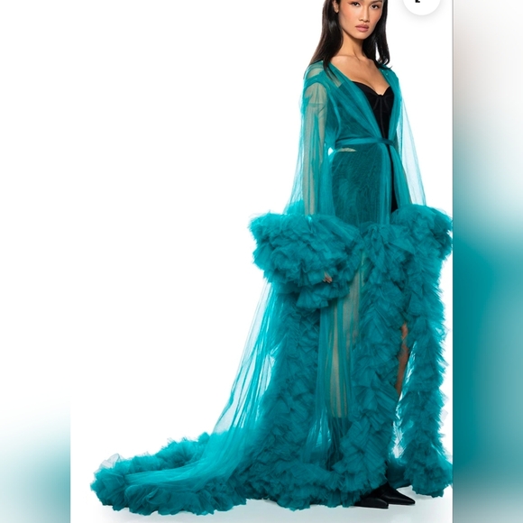 Elegant Teal Sheer Gown Duster with Ruffle Details - Picture 3 of 4